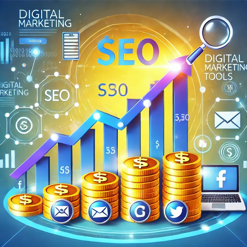 DALL·E 2025-01-03 11.17.53 - A visually striking illustration representing marketing strategies growing a businesss revenue. The image features a graph with an upward trend, stac